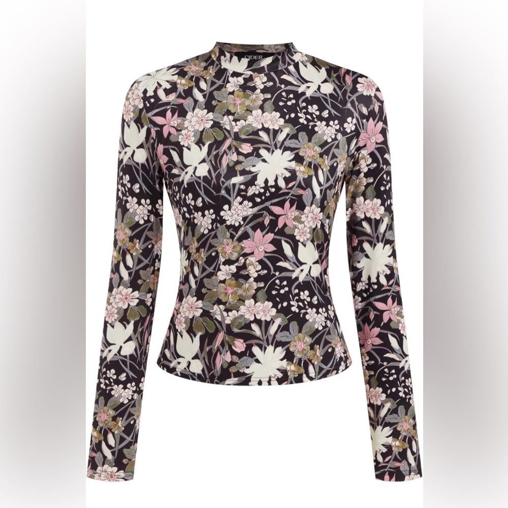 CIDER Women's Floral Knitted Long Sleeve Mock Neck